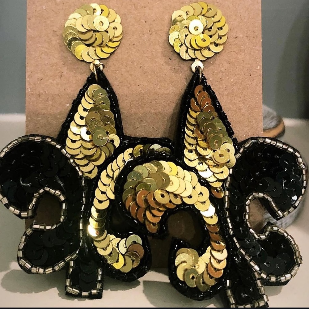 Black & Gold Fleur De Lis Sequin Statement Earrings NEW